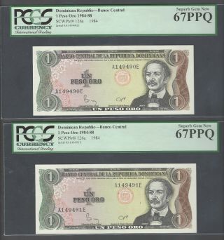 Dominican Republic 2 Notes One Peso Oro Nd (1984) P126a Uncirculated Graded 67