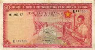 Belgian Congo 50 Francs 1.  5.  1957 P 32 Series E Circulated Banknote B25