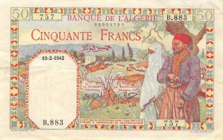 Algeria 50 Francs 10.  2.  1942 P 87 Series B Circulated Banknote H19