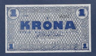 [an] Iceland 1 Krona 1941 P22j Scarce Ef