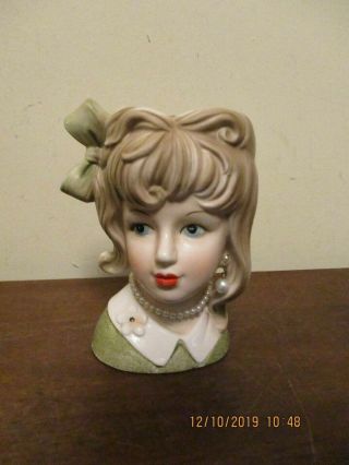 Vintage Relpo Lady Head Vase K2068 Green Dress Brown Hair Earring & Necklace