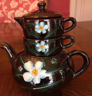Vintage Redware Stacking Teapot Made In Japan White Flowers