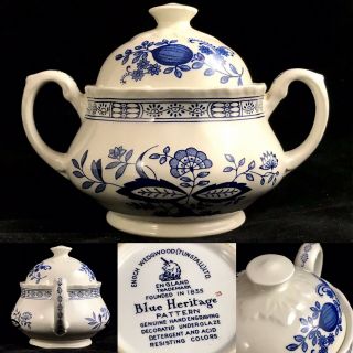Enoch Wedgewood Blue Heritage Ceramic England Hand Engraved Sugar Bowl W/ Lid A,
