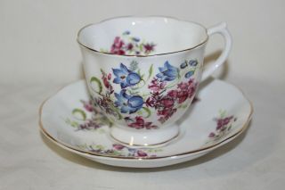 Royal Albert Bone China England Teacup & Saucer - Blue & Dark Pink Flowers 1970s