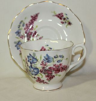 Royal Albert Bone China England Teacup & Saucer - Blue & Dark Pink Flowers 1970s 3