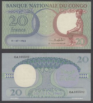 Congo 20 Francs 1962 (vf - Xf) Banknote P - 4