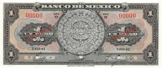 México 1 Peso 7.  7.  1943 P 38as Series O Specimen Uncirculated Banknote