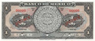 México 1 Peso 7.  7.  1943 P 38as Series P Specimen Uncirculated Banknote