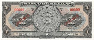 México 1 Peso 7.  7.  1943 P 38as Series Q Specimen Uncirculated Banknote