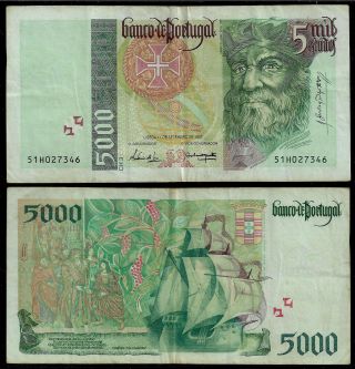 Portugal Banknote 5000 Escudos 1997 Pick 190d F/vf