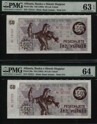Tt Pk 50a 1992 Albania Banka E Shtetit Shqiptar 50 Lek Valute Pmg 63q Set Of 2