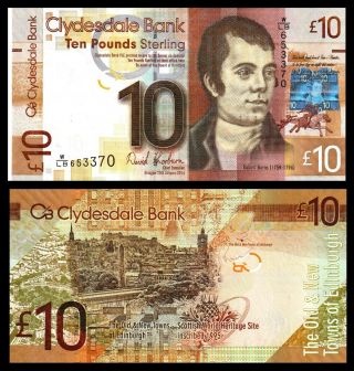 Scotland,  Clydesdale Bank,  10 £ Pounds,  2014,  Pick 229j,  Au - Unc / Robert Burn