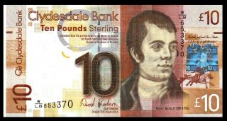 Scotland,  Clydesdale Bank,  10 £ pounds,  2014,  Pick 229j,  AU - UNC / ROBERT BURN 2