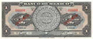 México 1 Peso 7.  7.  1943 P 38as Series N Specimen Uncirculated Banknote