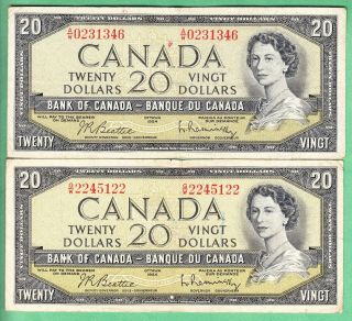 1954 Bank Of Canada Twenty Dollars X 2