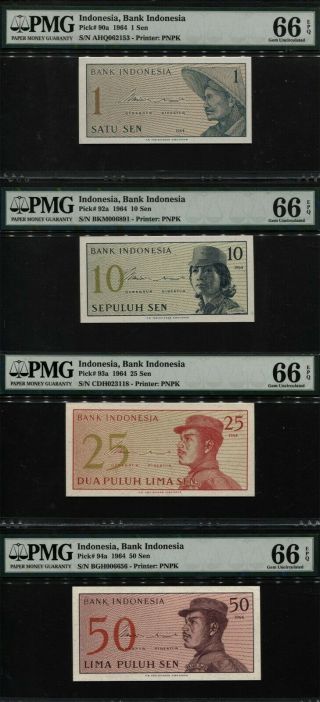 Tt Pk 90a,  92a,  93a,  94a 1964 Indonesia 1,  10,  25,  50 Sen Pmg 66 Epq Gem Unc Set Of 4