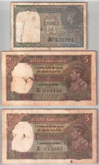513 - 1357 India | Kgvi Set,  1&5 Rupees,  1937&1940,  Jones& Taylor,  3 Notes,  Vg - Vf