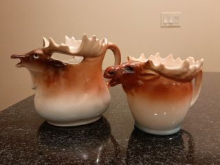 2 Porcelain Moose Elk Deer Antler Milk Creamer Pitchers Austria Czechloslovakia