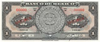 México 1 Peso 7.  7.  1943 P 38as Series M Specimen Uncirculated Banknote