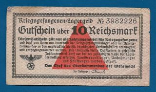 Nazi Germany Pow 10 Reichsmark Ww2 Lagergeld Nd - 1939 - 1944 C - 3757 Scrip Note