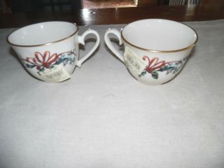 2 Lenox Winter Greetings Porcelain Cup Red Ribbons Holly Pine