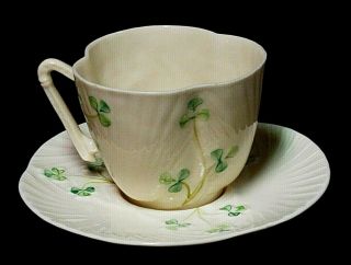Belleek Porcelain Shamrock Harp Handle Tea Cup & Saucer Set Green Mark