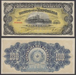 Paraguay 100 Pesos 1907 Unc Crisp Banknote P - 159