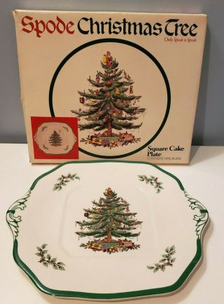 Spode Christmas Tree Square Handled Cake Plate Green Trim - England - W/box