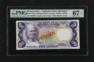 1978 Sierra Leone " Collector Series Specimen " 5 Leones Pick 7cs2 Pmg 67 Epq Unc