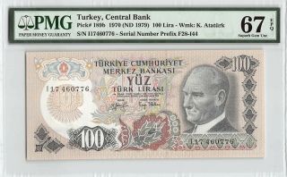 Turkey 1970 (nd 1979) P - 189b Pmg Gem Unc 67 Epq 100 Lira