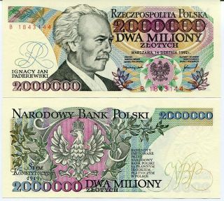 Poland 2,  000,  000 2 Millions Zlotych 1992 P 158 B Corrected Unc Nr