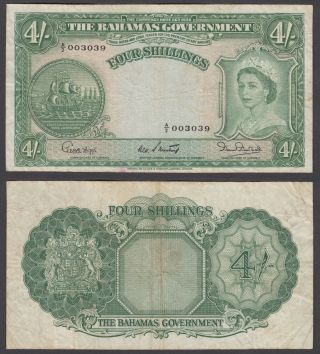 Bahamas 4 Shillings 1953 (f) Banknote P - 13 Qeii