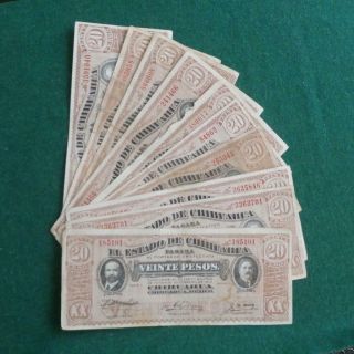 1914 10 Notes Mexico Estado Chihuahua 20 Pesos Revolution Vf - Xf