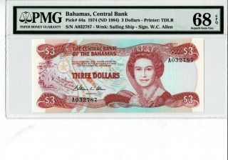 Bahamas P 44a 1974 3 Dollars Prefix A Pmg 68 Epq Gem Unc