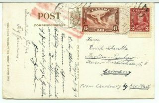Rare Jusqua Airmail Post Card To Germany Sent By Surface Mail Rate Canada