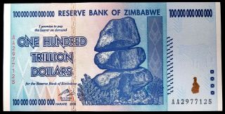 Zimbabwe 100 Trillion Dollars Banknote,  2008 Aa P - 91 Uncirculated