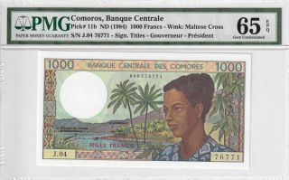 Nd 1984 Comoros 1000 Francs P - 11b Pmg 65 Epq Gem Unc