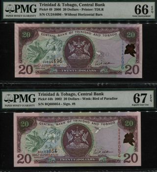 Tt Pk 44b & 49 2002 - 06 Trinidad & Tobago 20 Dollars Pmg 67 Epq Set Of 2