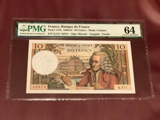 France French 10 Francs Voltaire Pmg 64 Unc Pick 147b Issued 1966 Early Date