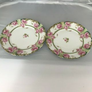 2 Jaeger & Co Malmaison Germany Pink Green Gold Scalloped Floral Plates H Paint