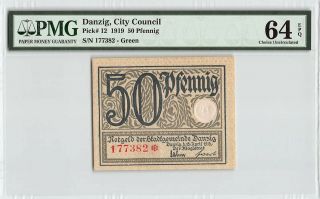 Danzig 1919 P - 12 Pmg Choice Unc 64 Epq 50 Pfennig (green)