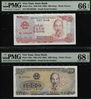 Tt Pk 101a & 106a 1988 (nd 1989) Viet Nam 500 & 1000 Dong Pmg 66q & 68q Set Of 2