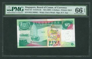 1997 Singapore Ship Series $5 Paper Banknote Pmg 66 Epq