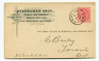 Canada Stationery - Berlin Ontario 1899 Starnaman Bros Printers Advert Postcard