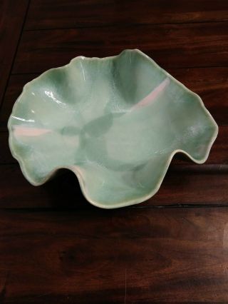 Studio Art Pottery Drip Glaze Aqua Green Wavy Bowl Signed