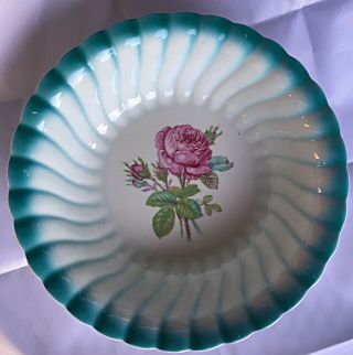 Vintage Homer Laughlin Serving Bowl Teal Swirled Rim Pink Rose E 54 N 6