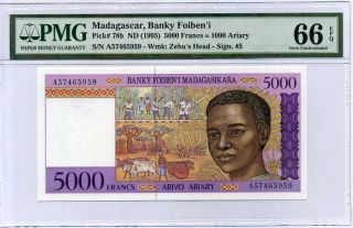 Madagascar 5000 Francs 1000 Ariary Nd 1995 P 78 Gem Unc Pmg 66 Epq