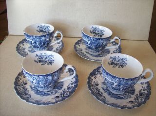 Set Of 4 Vintage Johnson Bros England Coaching Scenes Blue Cups & Saucers