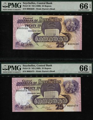 Tt Pk 33 1989 Seychelles Central Bank 25 Rupees Pmg 66 Epq Gem Unc Set Of Two
