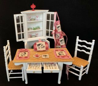 Dollhouse Kitchen Or Dining Table,  2 Chairs,  Hutch,  Plates,  Goblets& Accessories